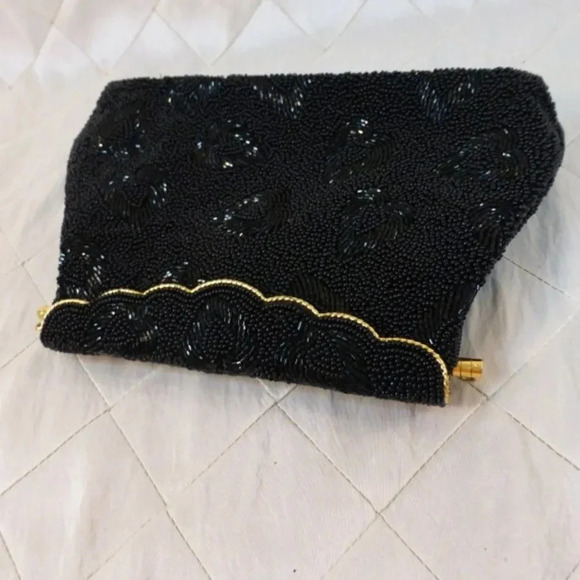 Black Beaded Satin Evening Bag  Vintage 1950s Clutch Hearts Leaf Design Elegant - Picture 8 of 10